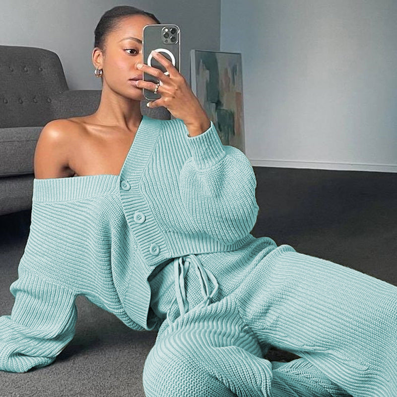 Damen Angesagtes Strick-Loungewear-Set mit modischen Knöpfen und Kordelzug R&B