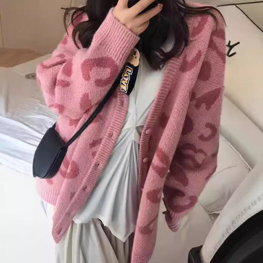 Damen Strickcardigan mit auffälligem Leopardenmuster und großzügigem Schnitt R&B