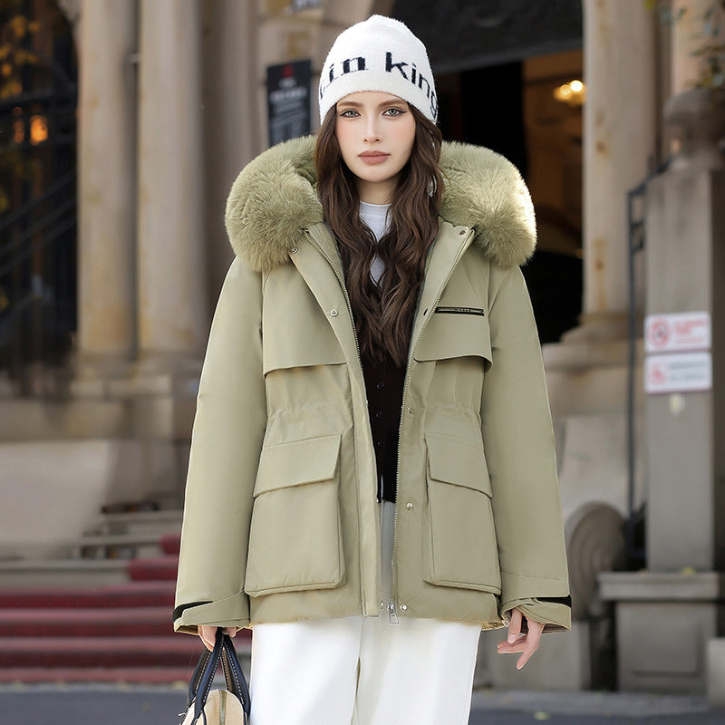 Damen Elegante und warme Winterjacke mit abnehmbarem Kunstfellkragen und praktischen Taschen R&B