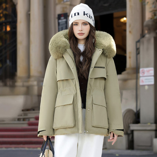 Damen Elegante und warme Winterjacke mit abnehmbarem Kunstfellkragen und praktischen Taschen R&B