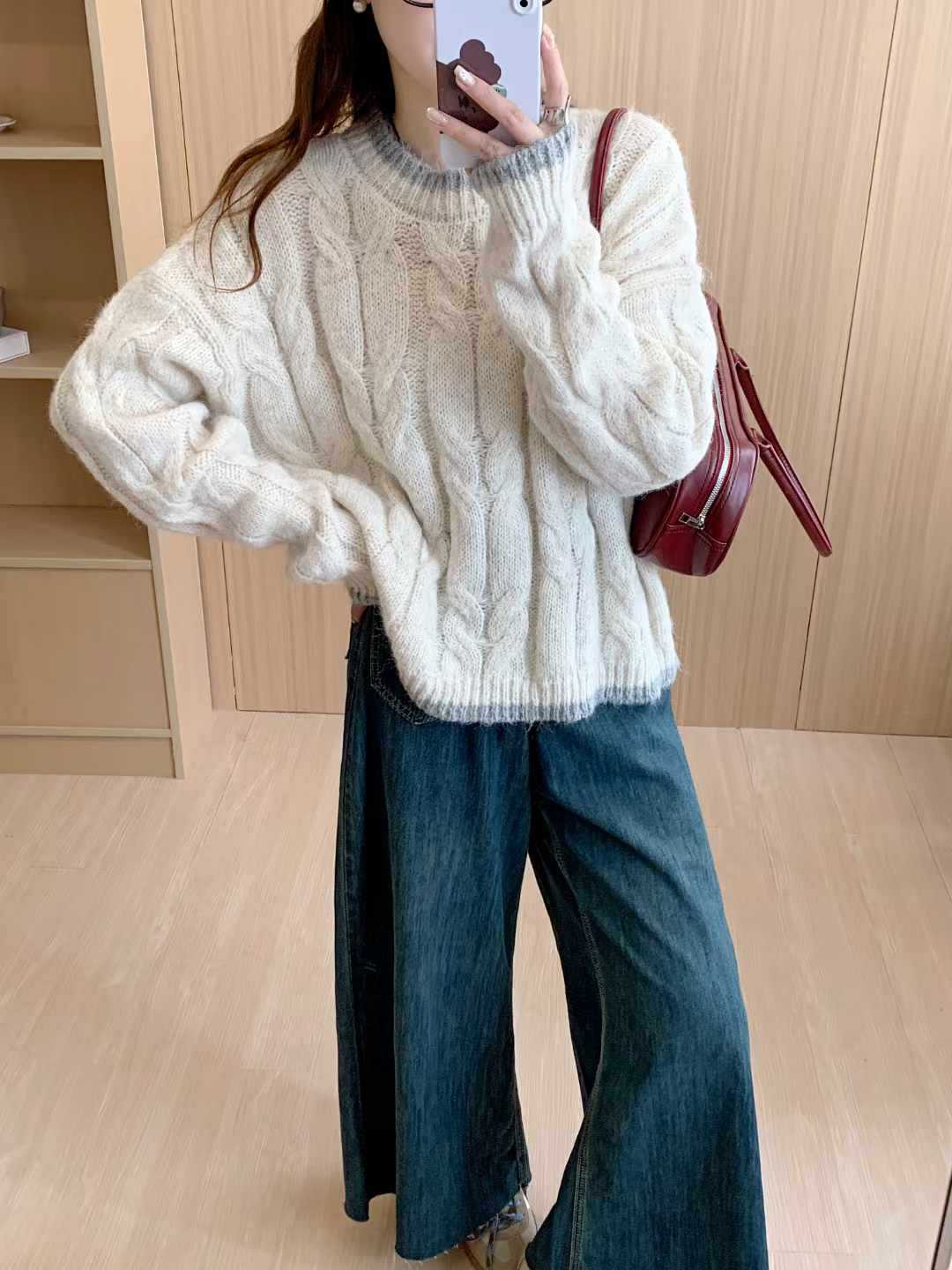 Damen Grob gestrickter Pullover mit Zopfmuster und Rundhalsausschnitt R&B