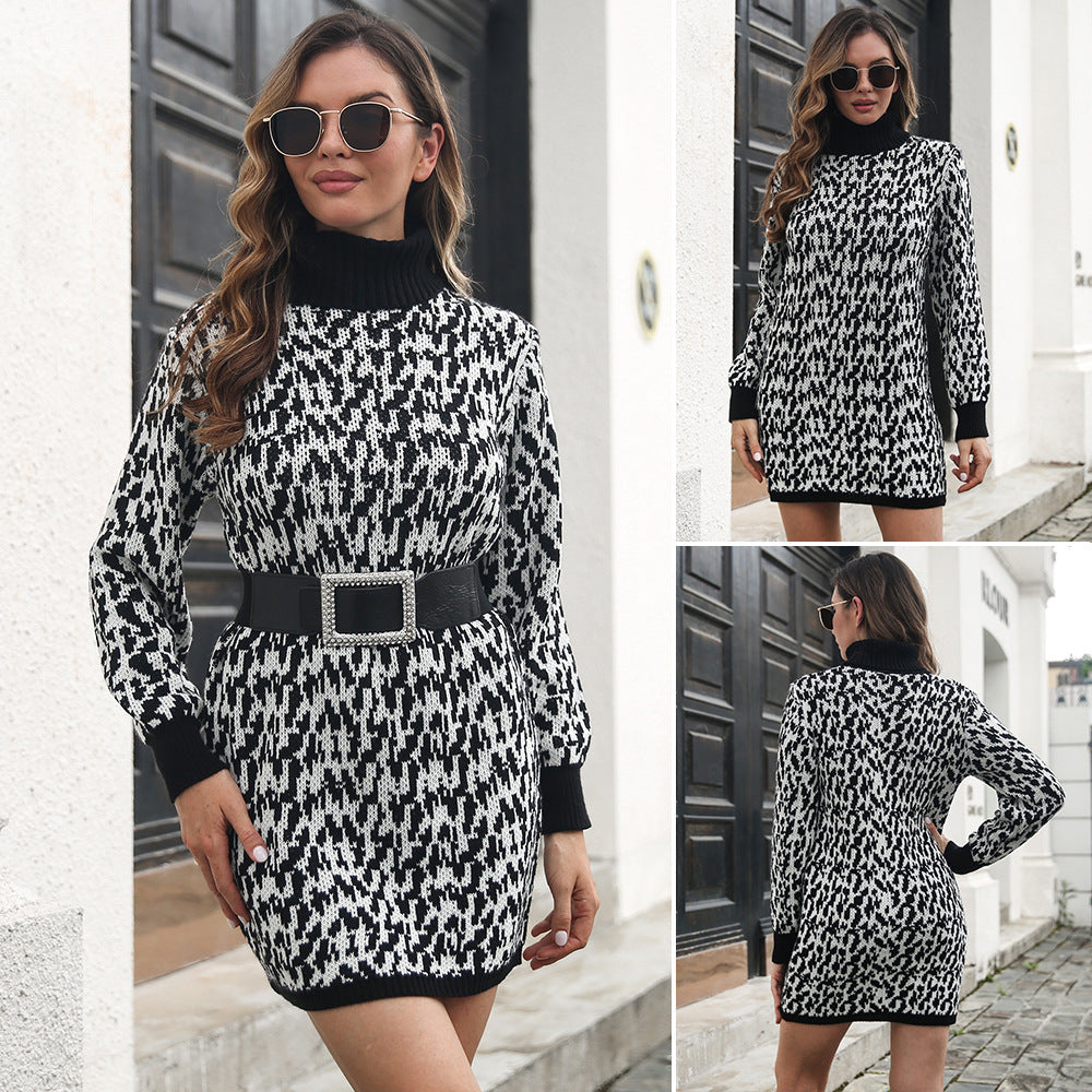 Damen Strickkleid mit hohem Kragen und strukturiertem Muster R&B