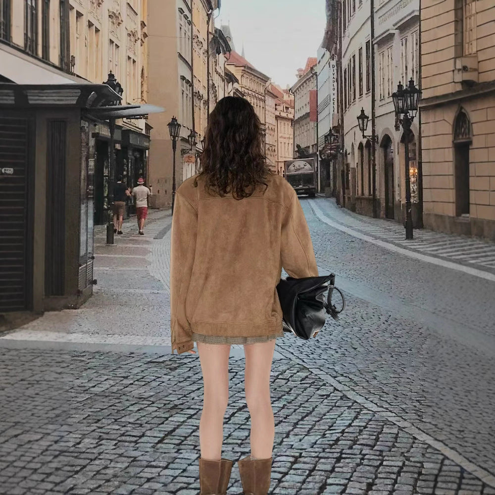 Damen Luxuriöse Wildlederjacke mit modernem Stehkragen R&B