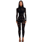 Damen Figurnahes Netz-Jumpsuit mit langem Arm und hohem Kragen R&B