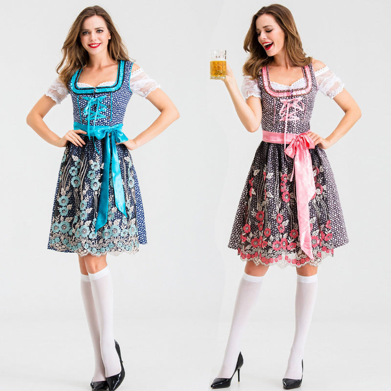 Damen nan traditionelles Kurzdirndl mit Spitzenärmeln, Schnürung und floraler Schürze R&B