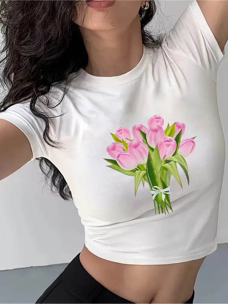 Damen Crop-T-Shirt mit kreativem Cocktail-Design R&B