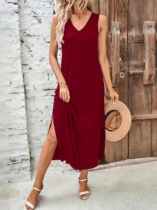 Damen Maxikleid mit V-Ausschnitt und seitlichem Schlitz R&B