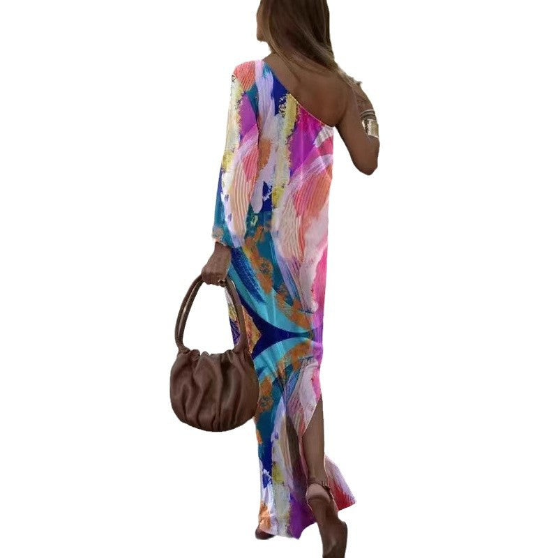 Damen Maxikleid mit asymmetrischem Schnitt und lebhaftem Farbdesign R&B