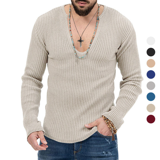 Herren Langarm-Rippenpullover mit tiefem V-Ausschnitt und modernem Schnitt R&B