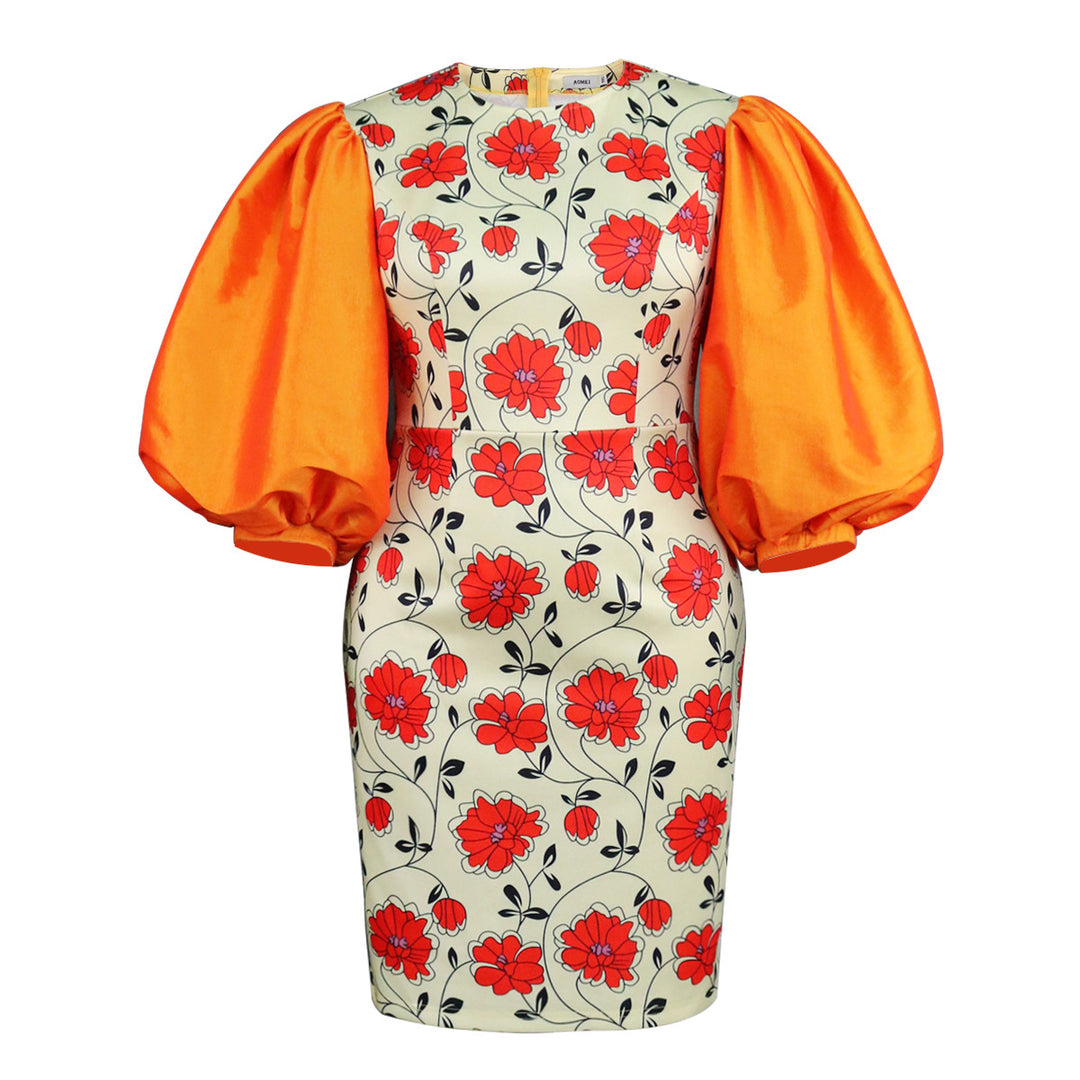 Damen figurbetontes Kleid mit voluminösen Puffärmeln und floralem Design R&B