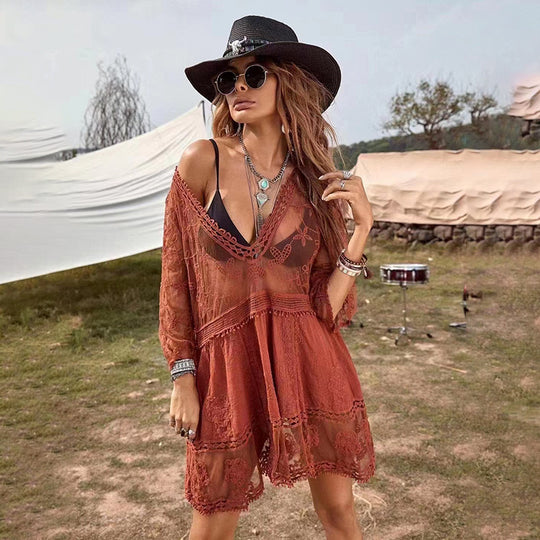 Damen luftiger Beachcover-Up mit aufwendiger Stickerei R&B