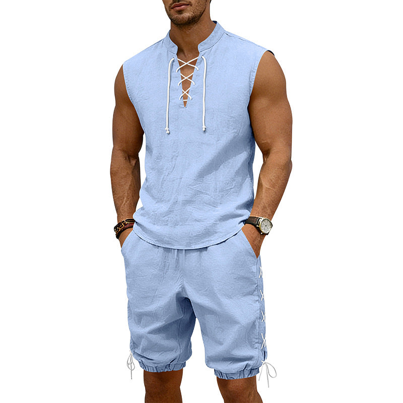Herren nan ärmelloses Freizeit-Set mit Schnürkragen und Kordelzug-Bermuda R&B