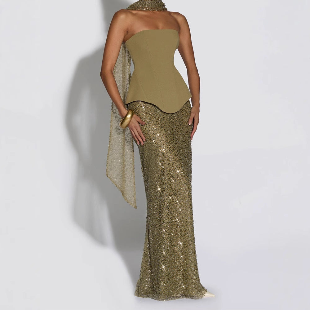 Damen Elegantes Abendkleid mit schimmerndem Oberteil und figurbetontem Rock R&B