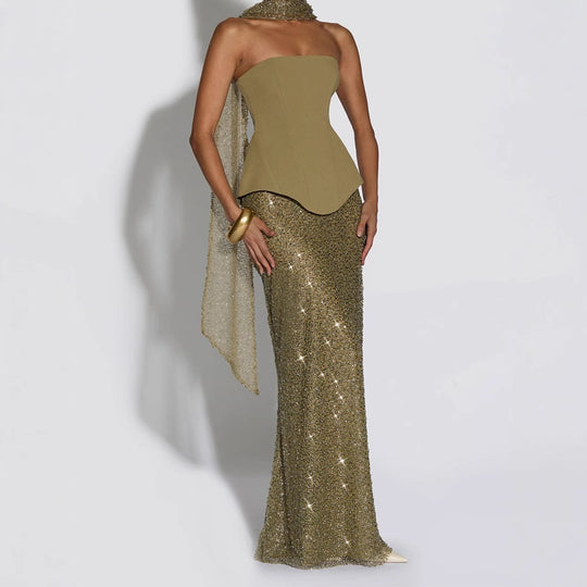 Damen Elegantes Abendkleid mit schimmerndem Oberteil und figurbetontem Rock R&B