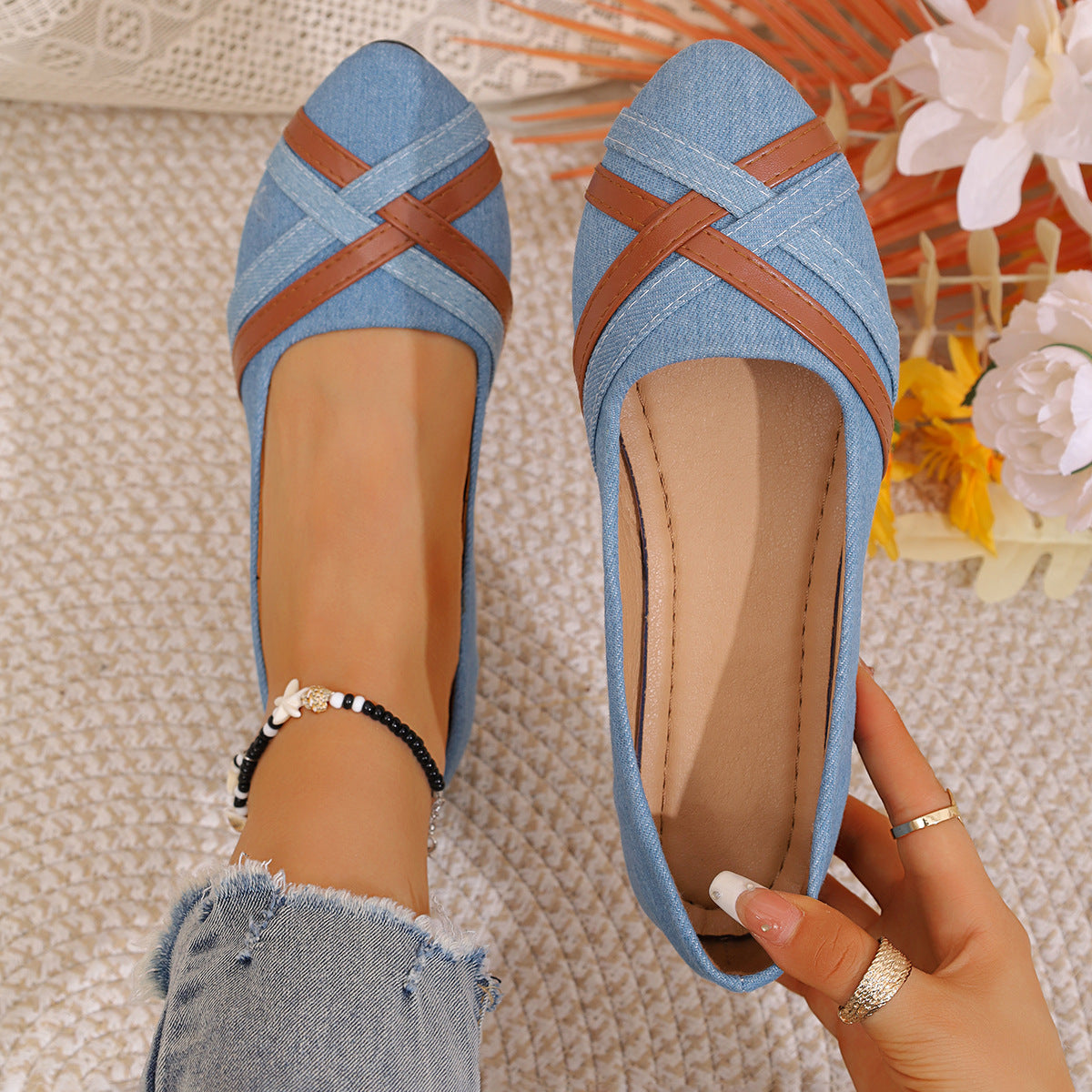 Damen Ballerinas aus Denim mit eleganten Lederapplikationen R&B