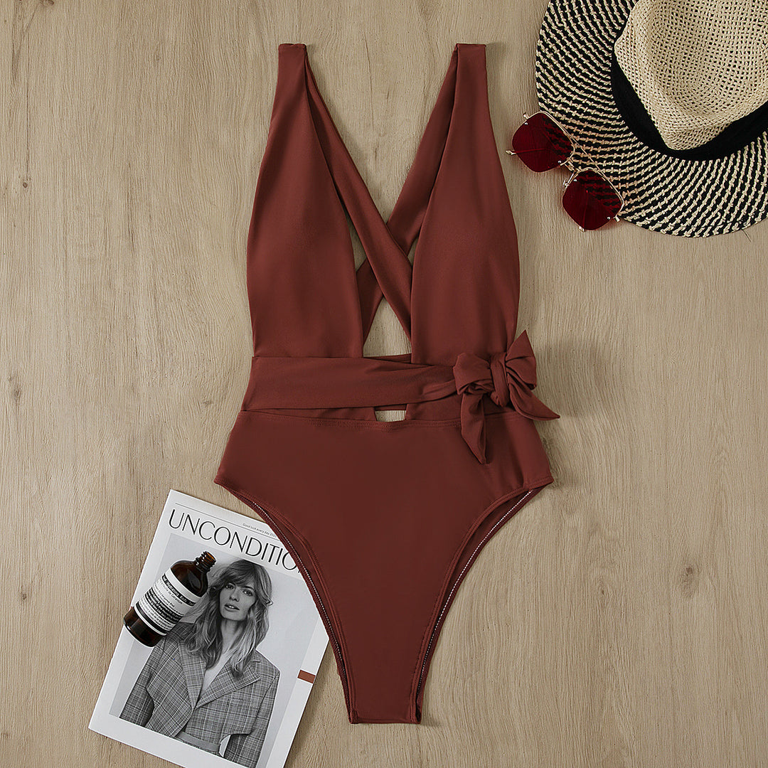 Damen Sportlicher Einteiler-Badeanzug mit Cross-Back und Bindegürtel R&B