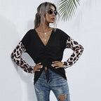 Damen V-Ausschnitt Bluse mit Raffung und modischen Tiermusterärmel R&B