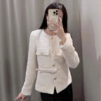 Damen elegante Tweed-Jacke mit doppelter Knopfleiste und praktischen Taschen