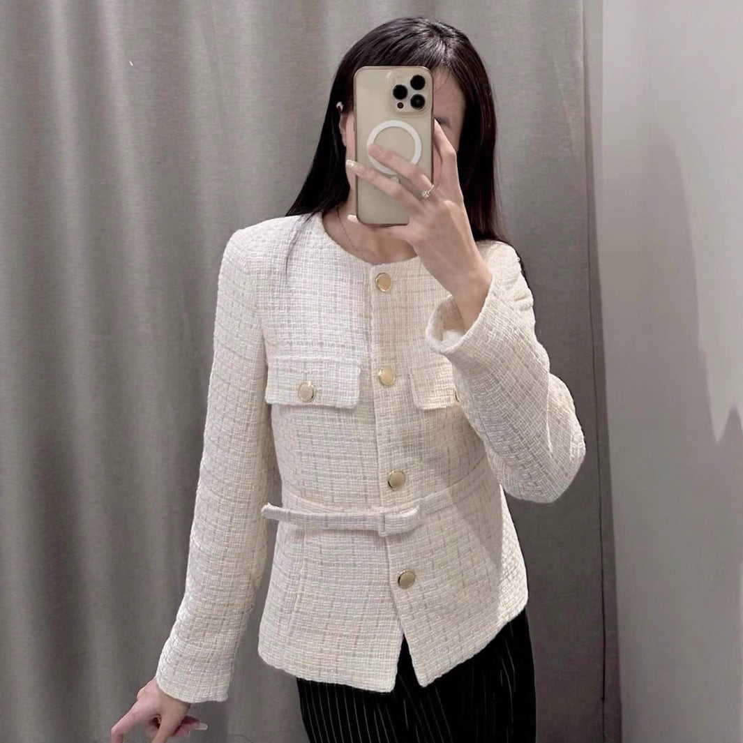Damen elegante Tweed-Jacke mit doppelter Knopfleiste und praktischen Taschen