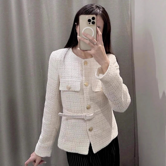 Damen elegante Tweed-Jacke mit doppelter Knopfleiste und praktischen Taschen R&B