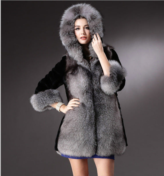 Damen Luxus Kunstpelzjacke mit Kapuze und dekorativen Details