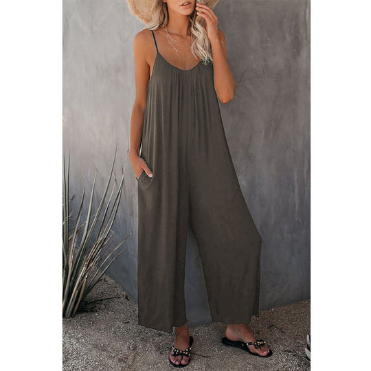 Damen Lässiger Sommer-Jumpsuit mit tiefem Ausschnitt und praktischen Taschen R&B
