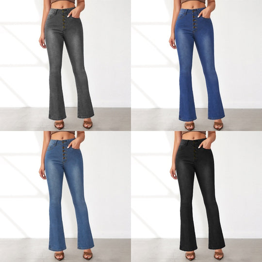 Damen Flared Jeans mit hohen Bund und modischen Knopfdetails R&B
