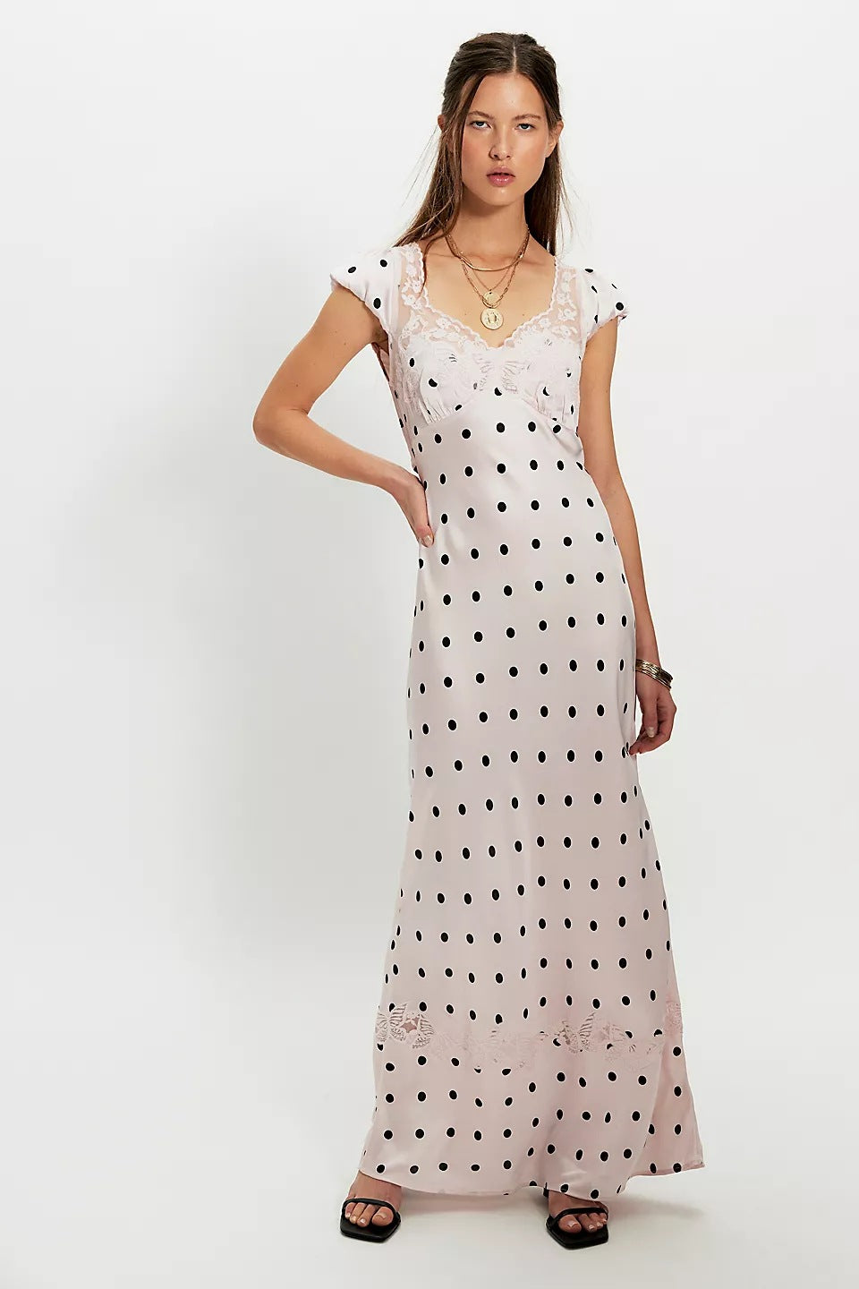 Damen Elegantes Maxikleid mit Polka-Dots und romantischem Rückenausschnitt R&B
