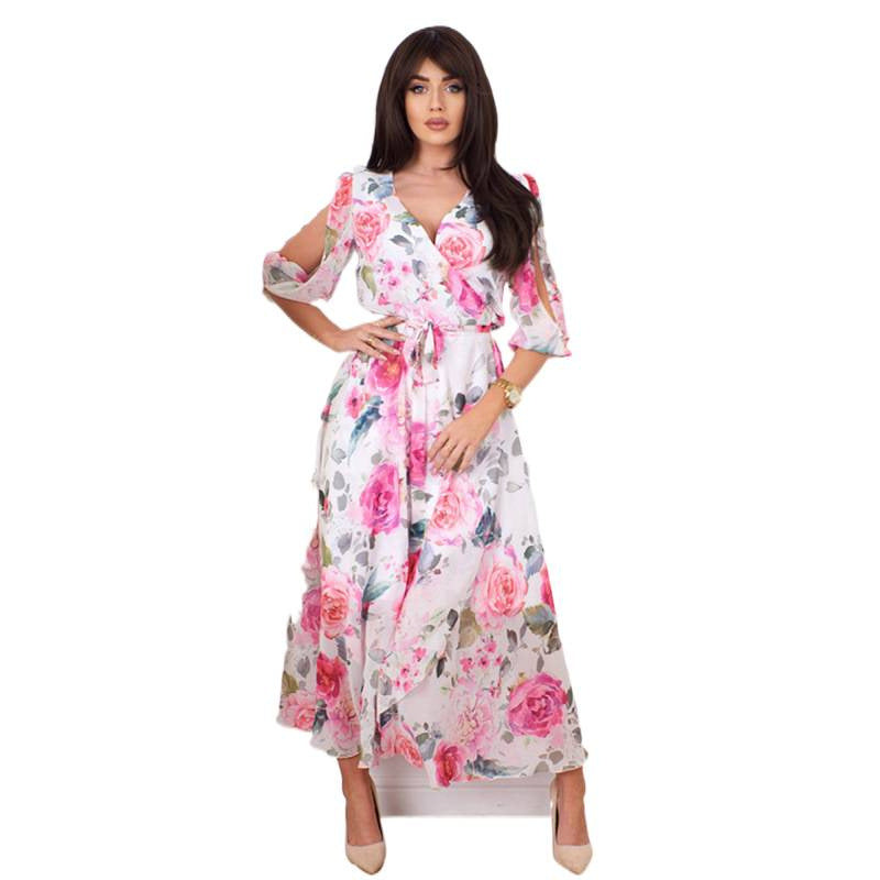 Damen Maxikleid mit schulterfreien Ärmeln und floralem Design R&B