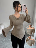 Damen elegantes Ripp-Oberteil mit asymmetrischem Saum und schulterfreiem Design R&B