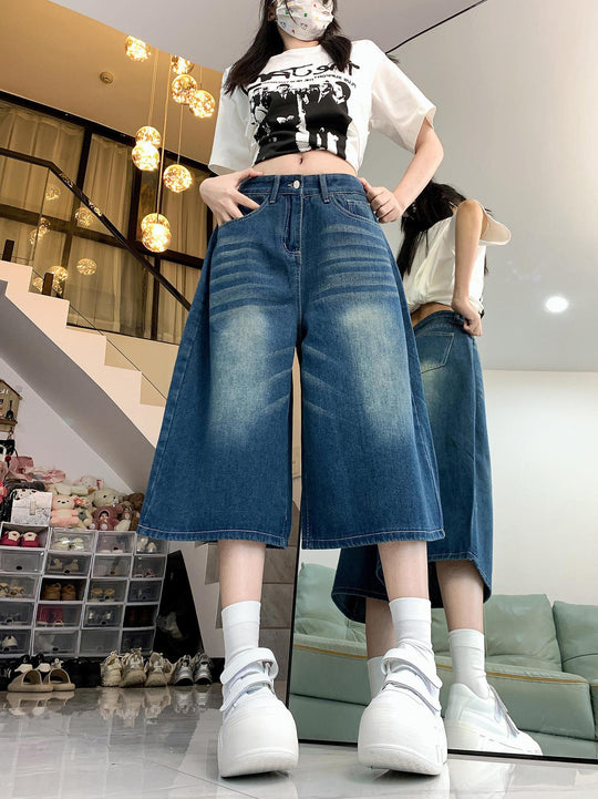 Damen Weite Denim-Culotte mit hohem Bund und elastischem Taillenbund R&B