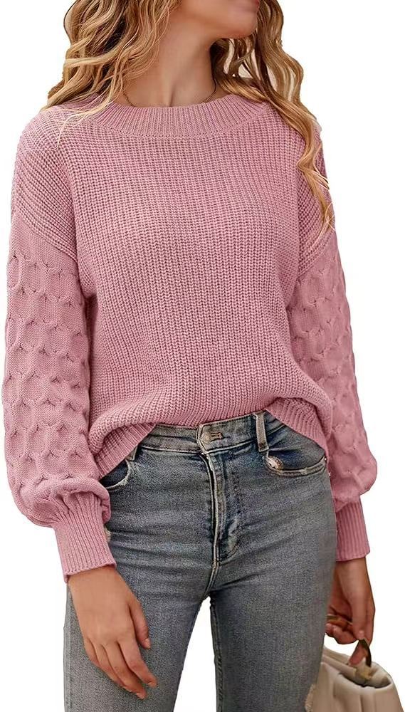 Damen modischer Strickpullover mit strukturierten Ärmeln und Rundhalsausschnitt R&B