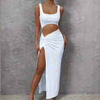 Damen Figurbetontes Cut-Out Maxikleid mit hohem Schlitz und Rüschendetail R&B