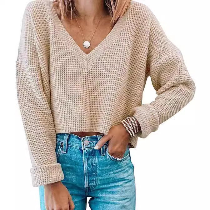 Damen modischer V-Ausschnitt Pullover im Waffelstrick R&B