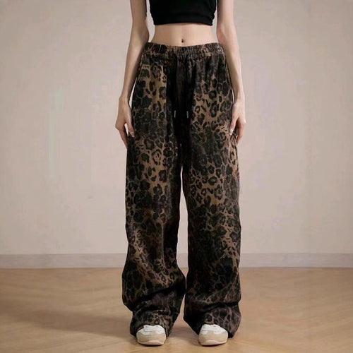 Damen Weit geschnittene Leinenhose mit Leopardenmuster R&B