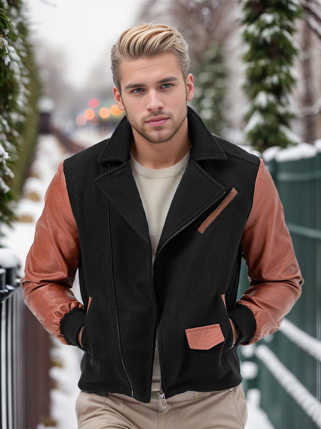 Herren modische Übergangsjacke mit kontrastierenden Ärmeln und praktischen Taschen R&B