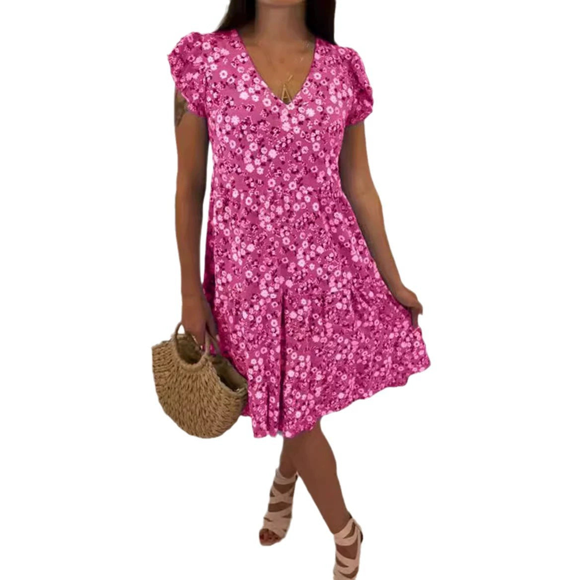 Damen Sommerliches Blütenmuster Kleid mit V-Ausschnitt und Rüschendetails R&B