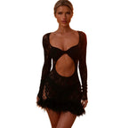 Damen Cut-Out Spitzenkleid mit Federdetails R&B