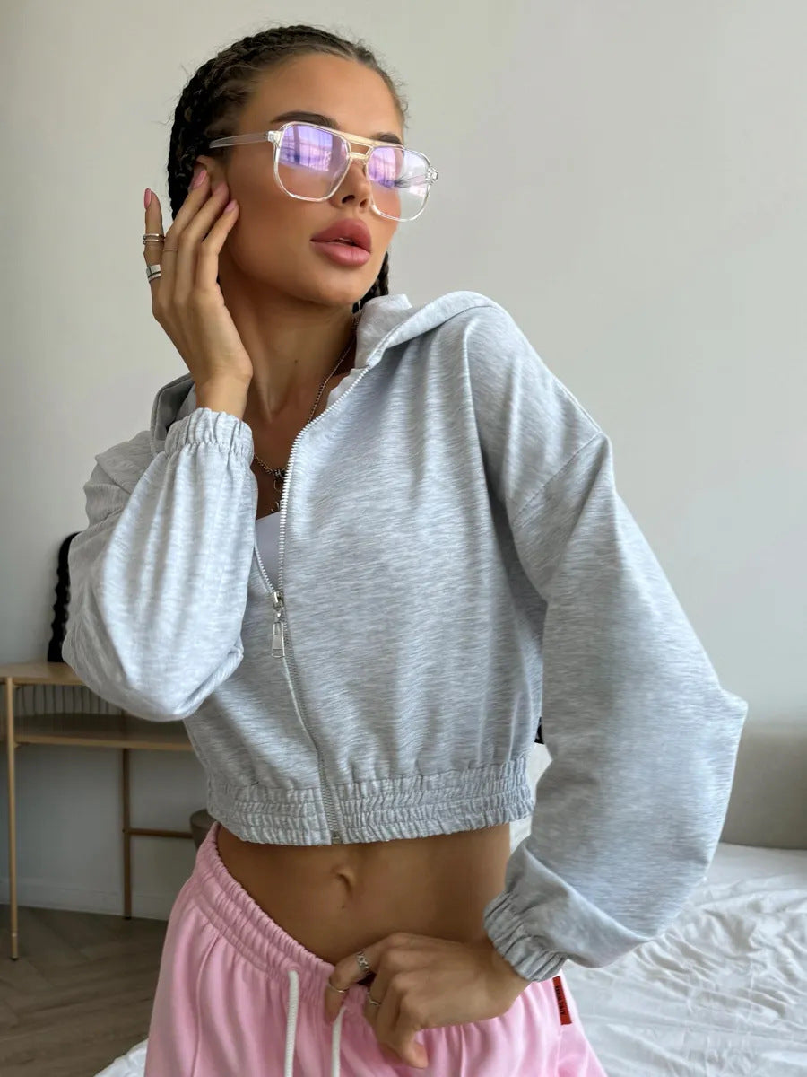 Damen lässiger Cropped Hoodie mit praktischem Reißverschluss und elastischem Bund R&B