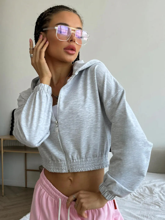 Damen lässiger Cropped Hoodie mit praktischem Reißverschluss und elastischem Bund R&B
