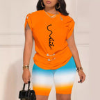 Damen modisches T-Shirt und gemusterte Radlerhose Set R&B