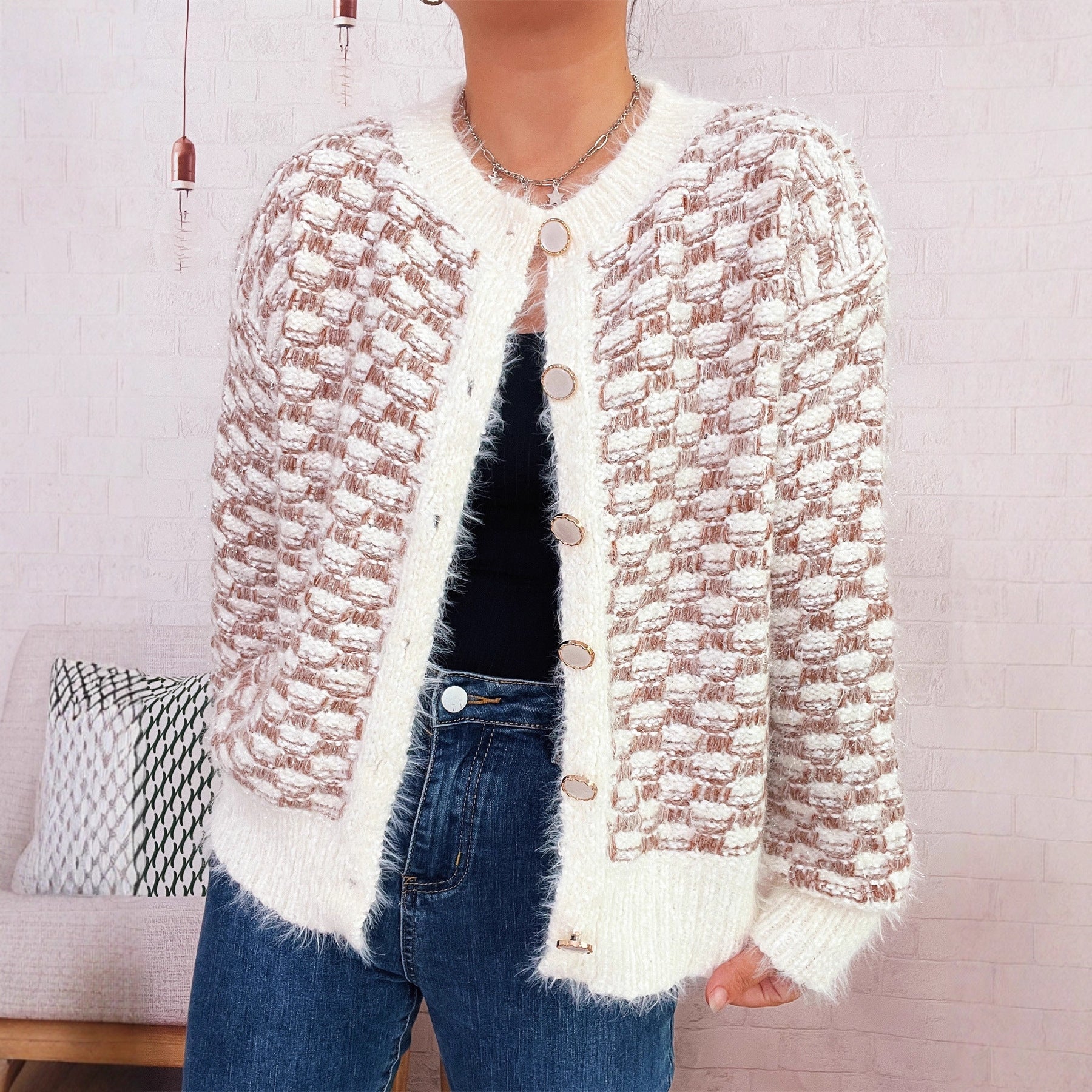 Damen gemütlicher Strickcardigan mit dekorativem Knopfdesign R&B