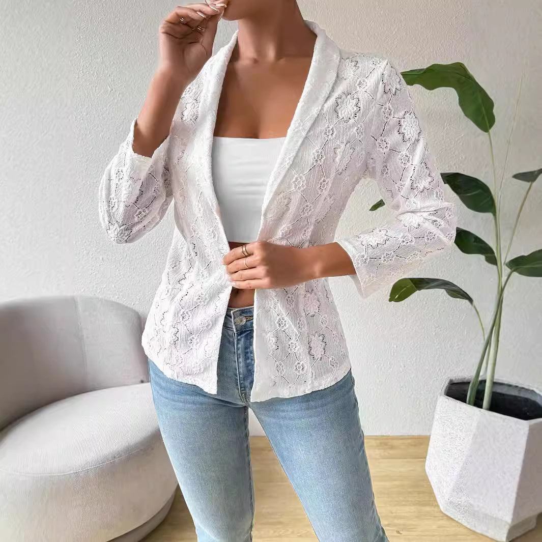 Damen nan transparenter Spitzenblazer mit Schalkragen und dreiviertellangen Ärmeln R&B