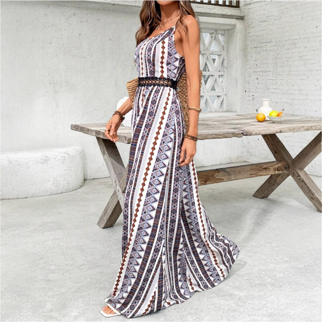 Damen Maxikleid mit bohemian Muster und raffiniertem elastischem Taillenband R&B