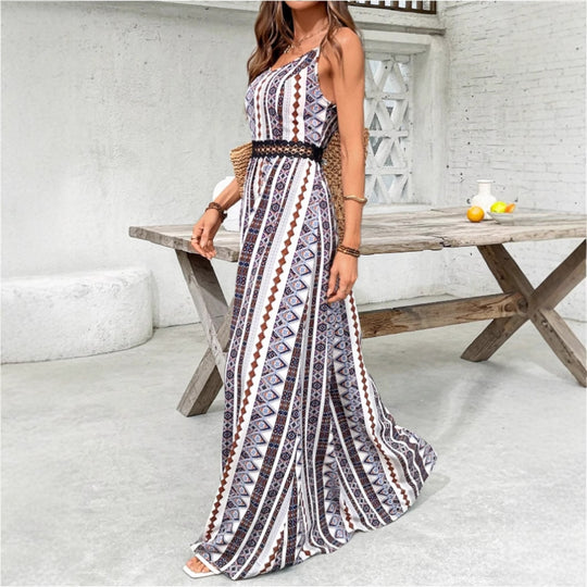 Damen Maxikleid mit bohemian Muster und raffiniertem elastischem Taillenband R&B
