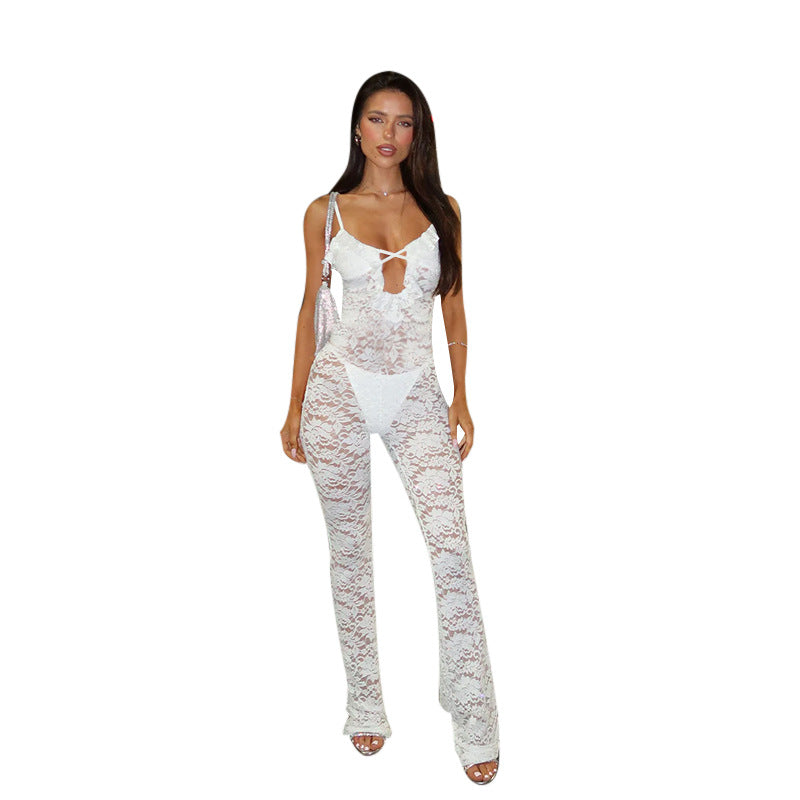 Damen stilvolles Langarm-Catsuit mit Spitzenverzierung und raffiniertem Ausschnitt R&B
