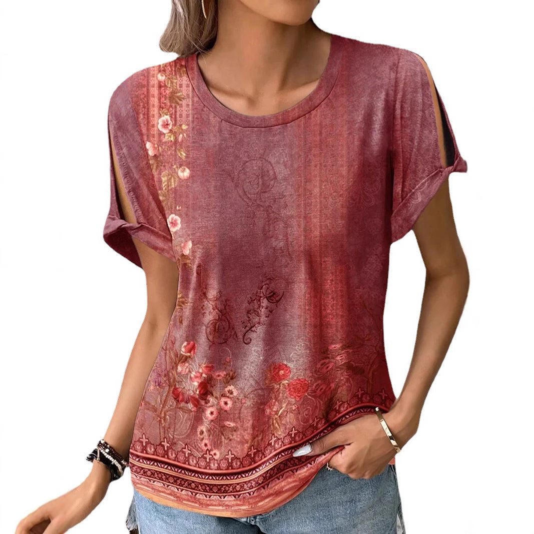 Damen florales Oversized-T-Shirt mit Cut-Out-Ärmeln R&B