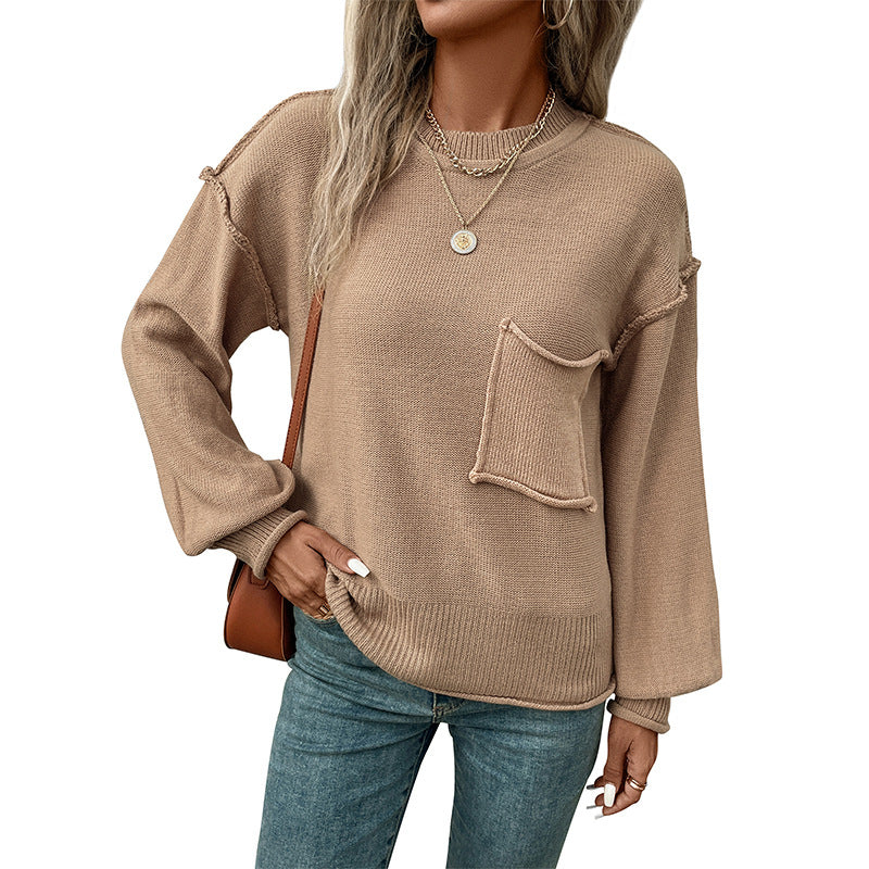 Damen lässiger Strickpullover mit aufgesetzter Tasche R&B