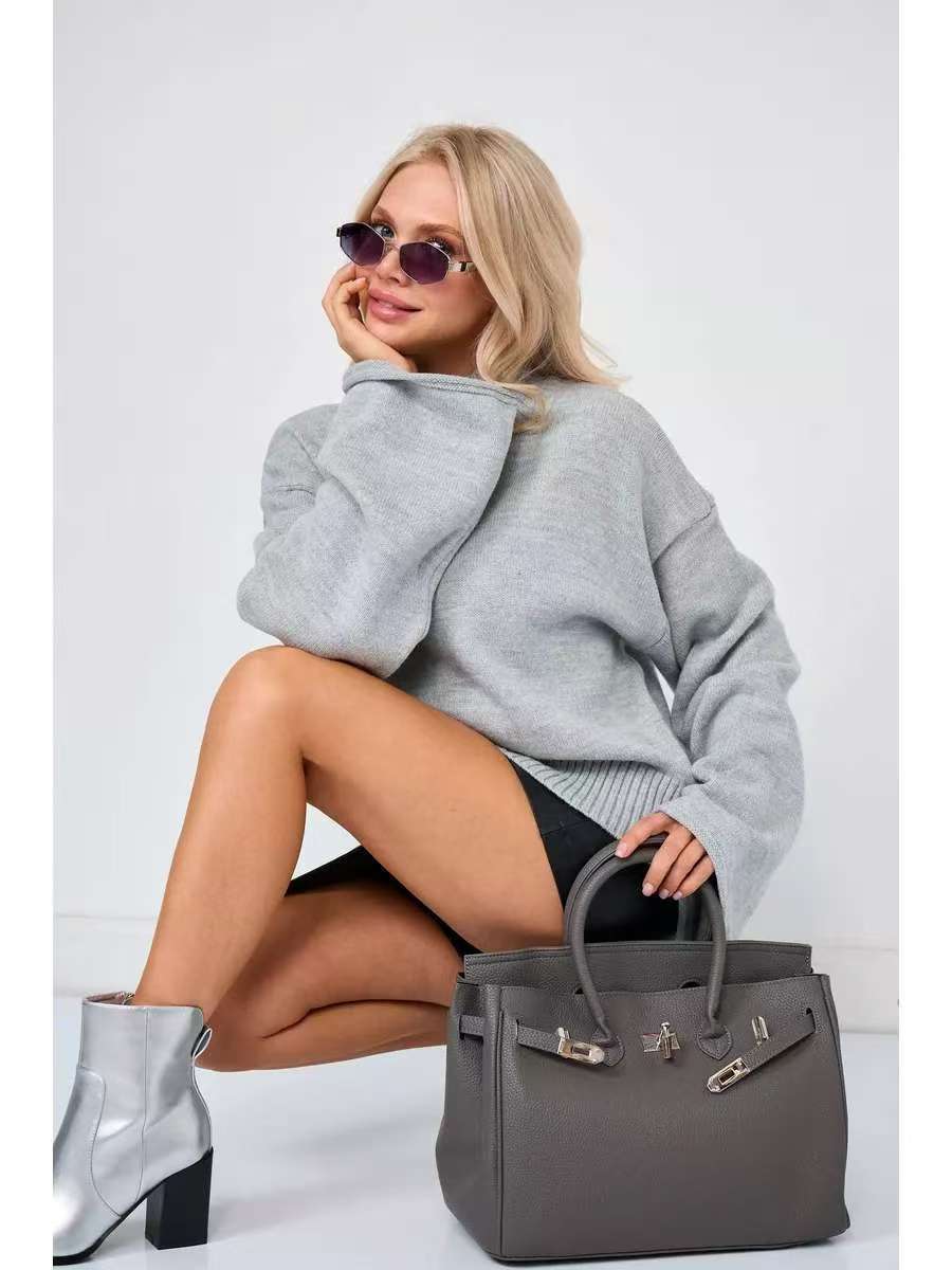 Damen Eleganter Oversized Pullover mit weitem Schnitt und Stehkragen R&B