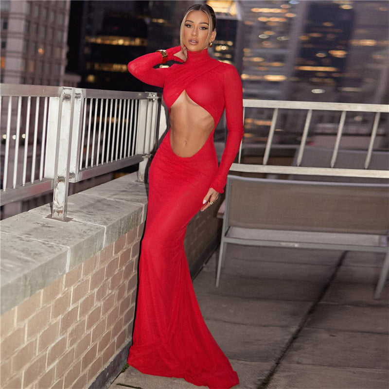 Damen figurbetontes Maxikleid mit asymmetrischem Cut-Out und hochgeschlossenem Kragen R&B